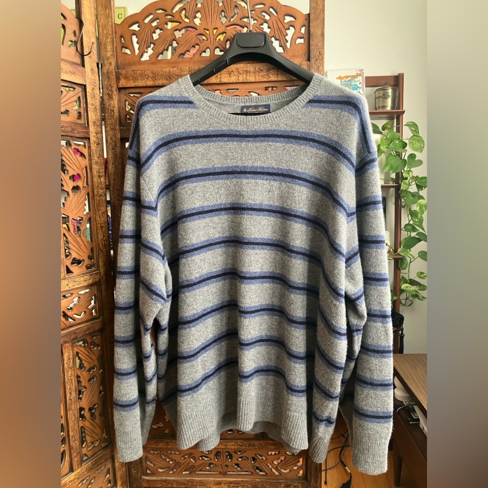 Brooks Brothers sweater, lambswool, gray and blue stripes w/ elbow patches